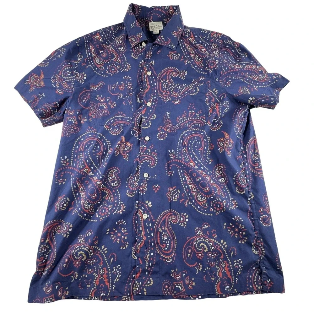 J Crew Button Up Shirt Men's‎ S Blue Paisley Short Sleeve Cotton Organic